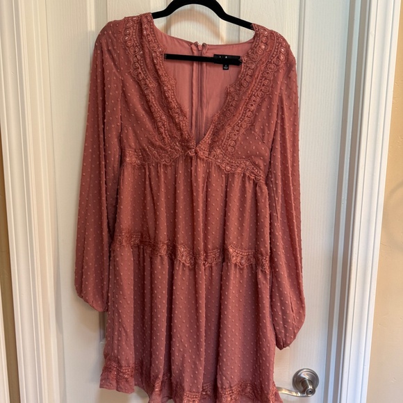 Lulus Wistful Moment Rusty Rose Swiss Dot Long Sleeve Dress Pink - Size S - Picture 2 of 4